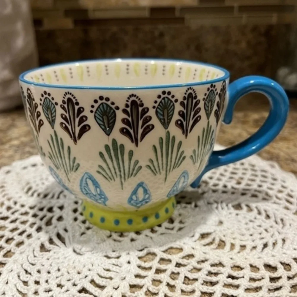 Pier 1 Imports Blue Peacock Hand Painted Stoneware Mug